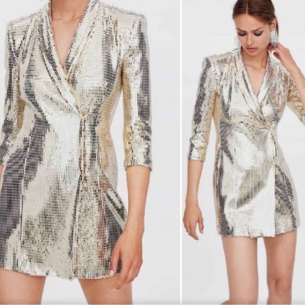 Zara Gold Sequin Mini Blazer Dress